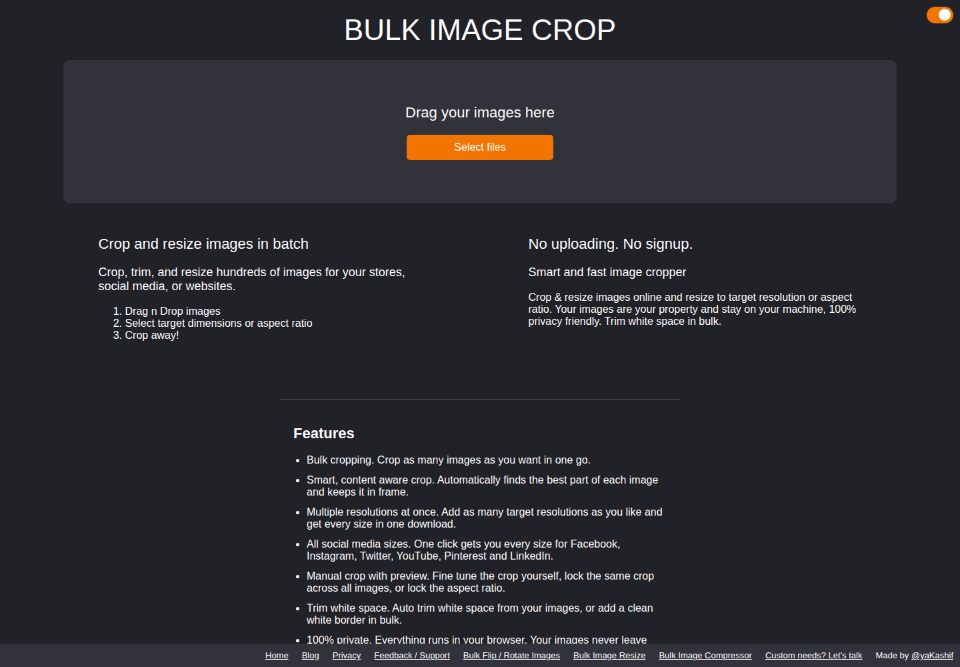 Bulk Image Crop homepage with a drag-and-drop upload box and a Select files button