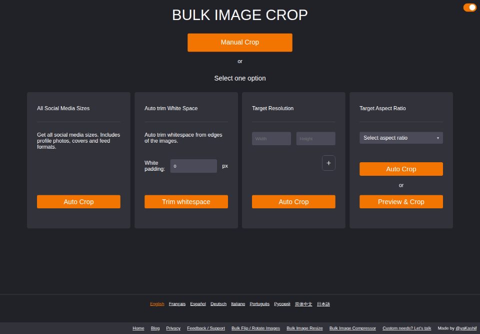 Crop options panel with four cards: All Social Media Sizes, Auto Trim White Space, Target Resolution, and Target Aspect Ratio